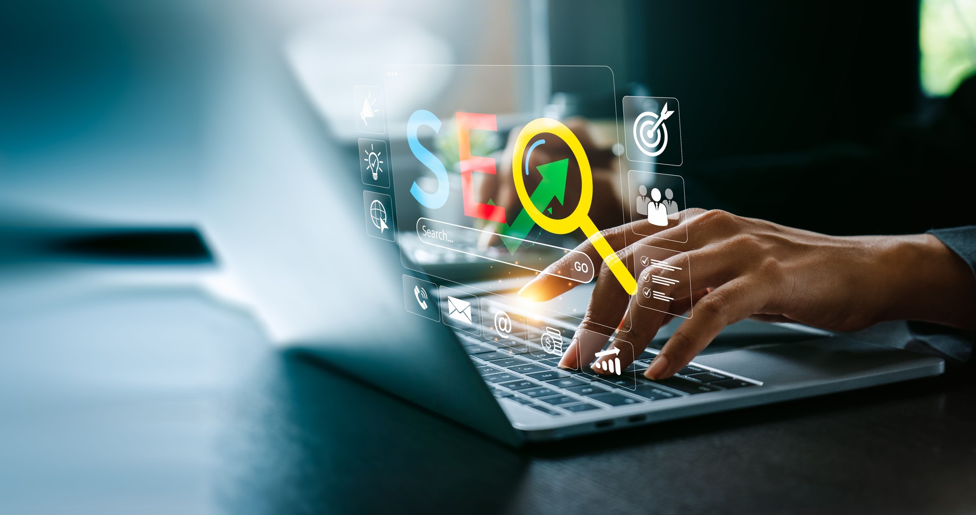 Digital Marketing Expert Analyzing SEO Strategies on Laptop with Futuristic Virtual Interface, Highlighting Search Engine Optimization, Website Ranking, Online Growth, Effective Business Visibility