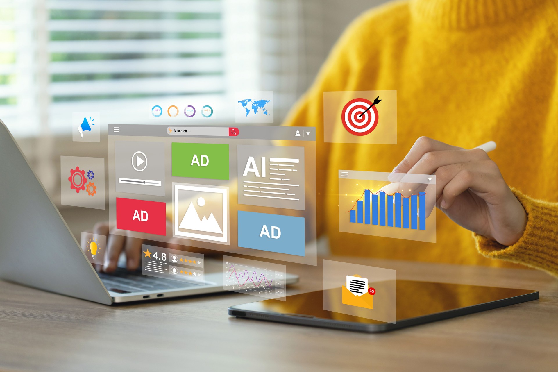 Online advertising concept, Digital Marketing Strategies and Goals. Women using a laptop to analyze Ads Dashboard digital marketing strategy. Digital marketing online, Content creation, engagement.SEO